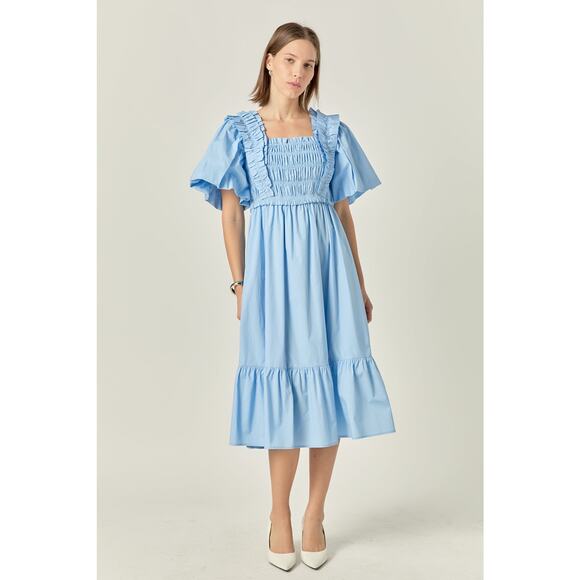 English Factory Puff Short Sleeve Square Neck Smocked Blue Midi Dress Size XS - Picture 1 of 12